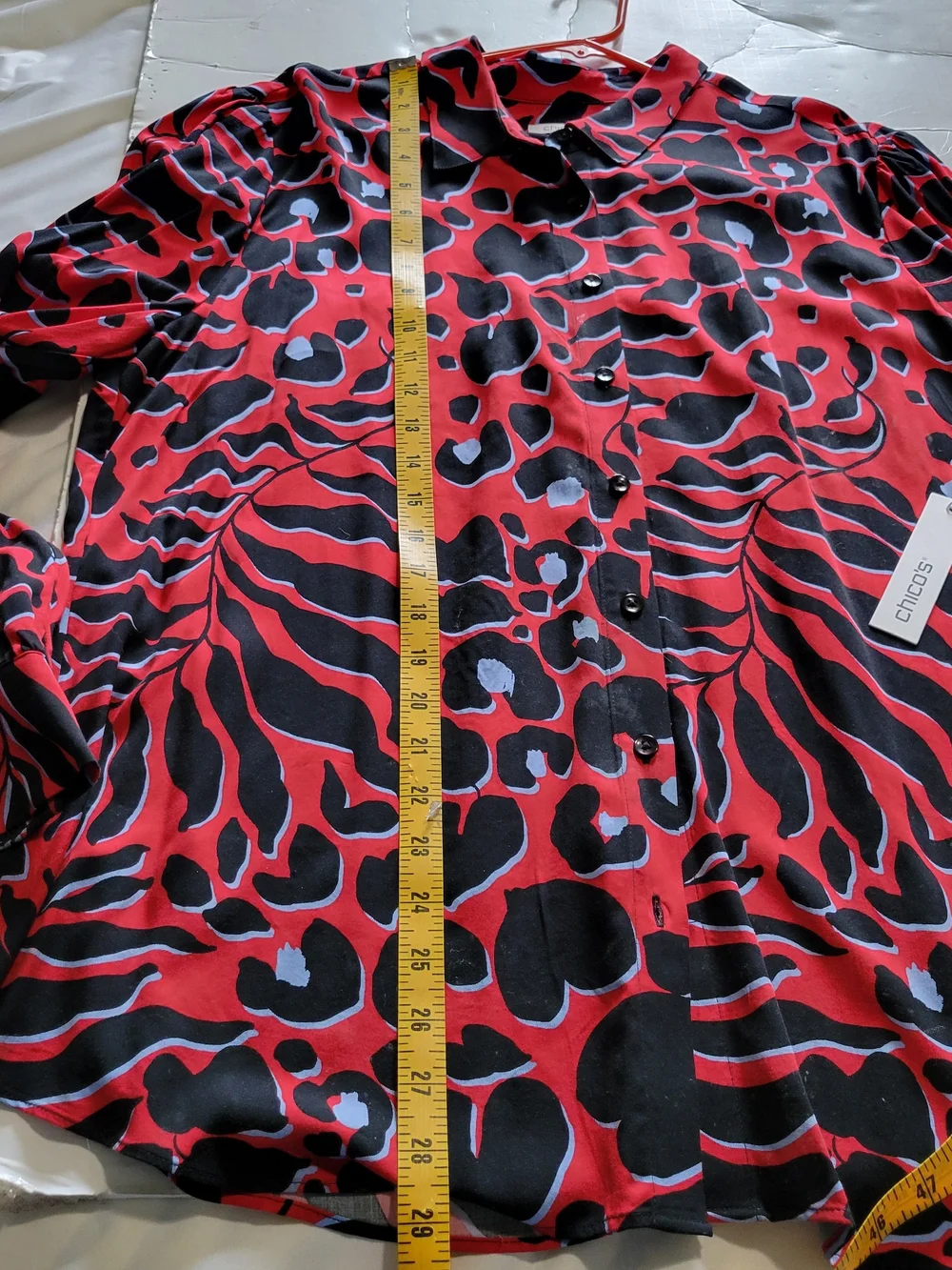 Chico's Easy Shirt Sz 16 Red Black & Light Blue Animal-Print Button Front Blouse
